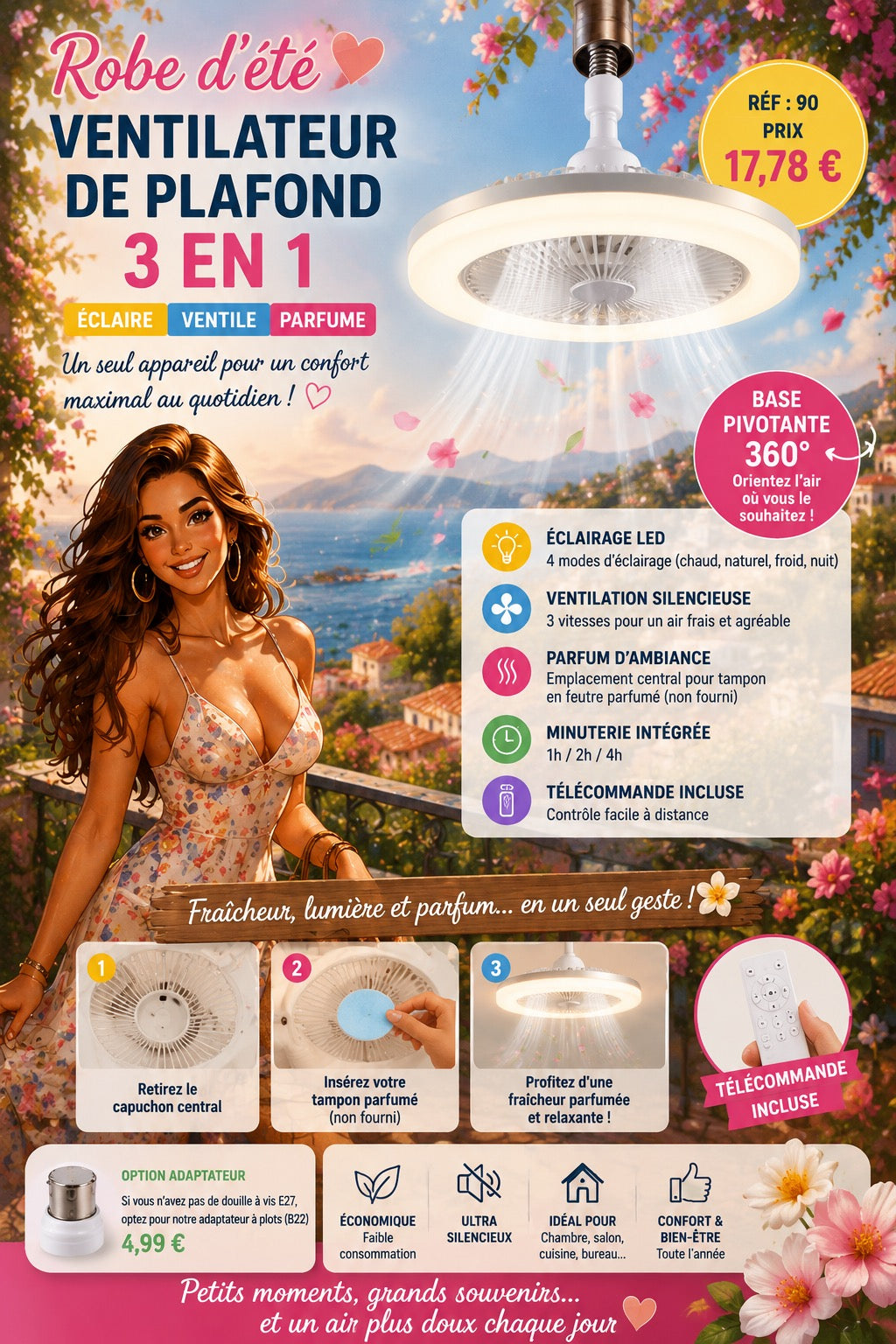 VENTILATEUR DE PLAFOND LED 3 EN 1 AVEC TÉLÉCOMMANDE