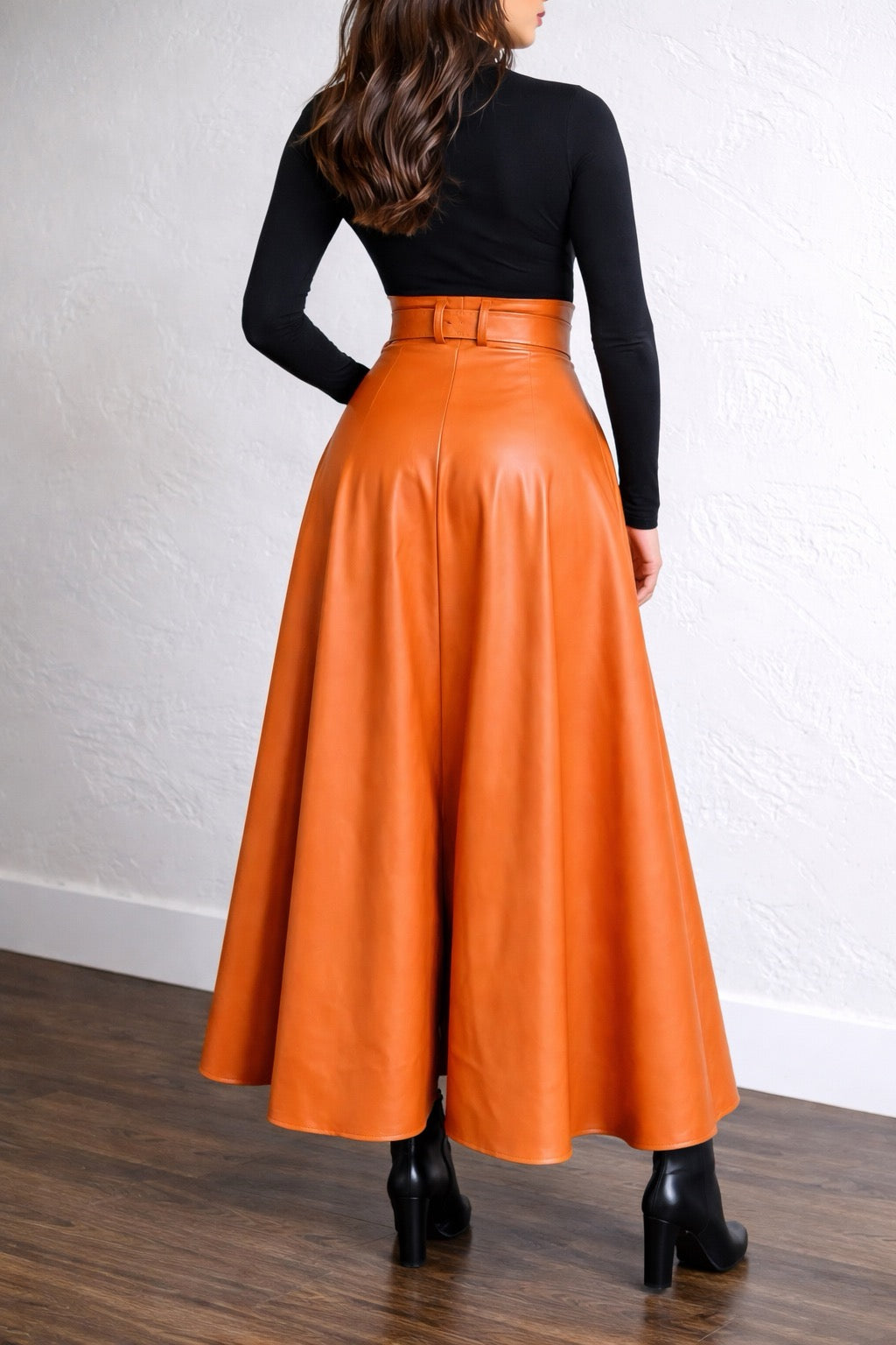 JUPE LONGUE SIMILICUIR  TAILLE HAUTE; ORANGE CHIC ✨