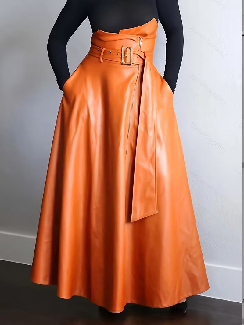 JUPE LONGUE SIMILICUIR  TAILLE HAUTE; ORANGE CHIC ✨
