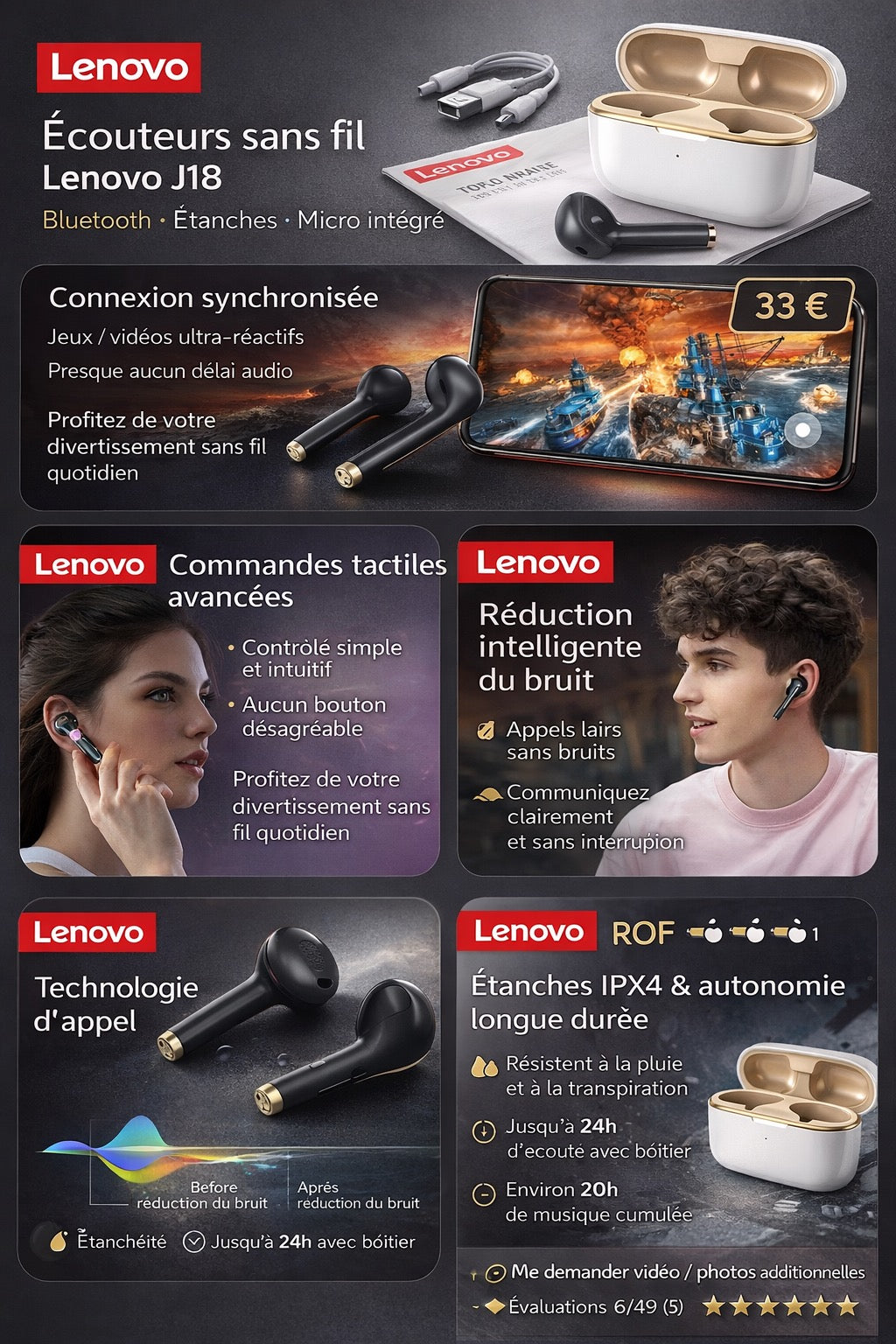 Écouteurs sans fil Lenovo J18