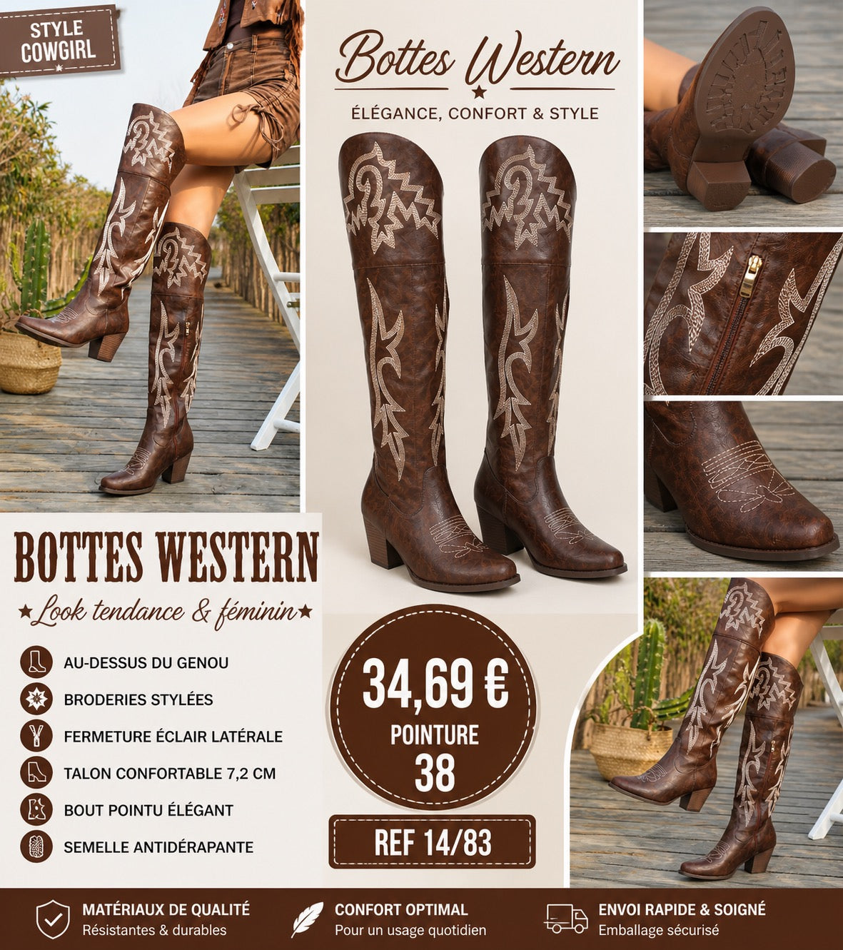 Bottes Western Marron Brodées – Style Cowgirl Élégant