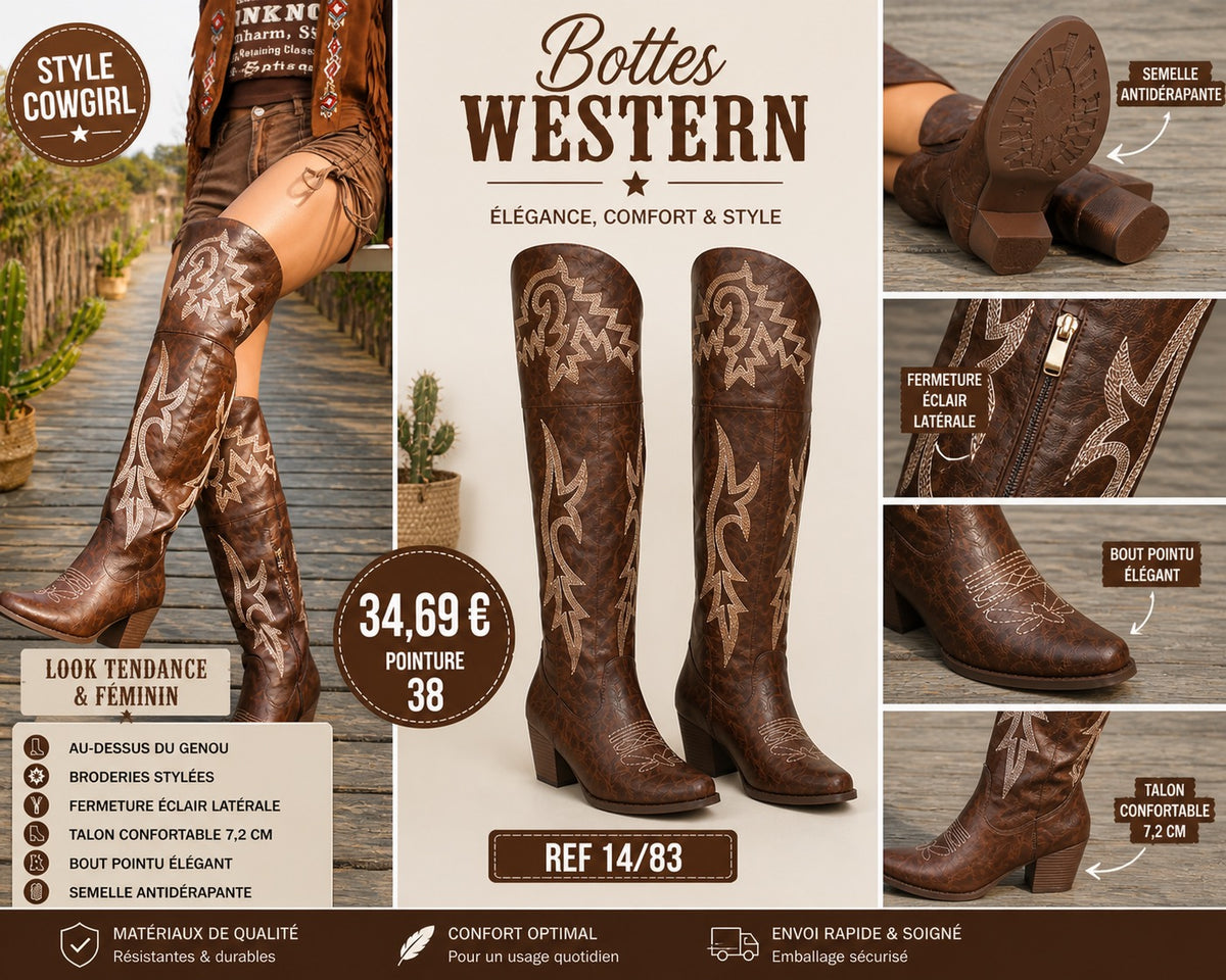Bottes Western Marron Brodées – Style Cowgirl Élégant