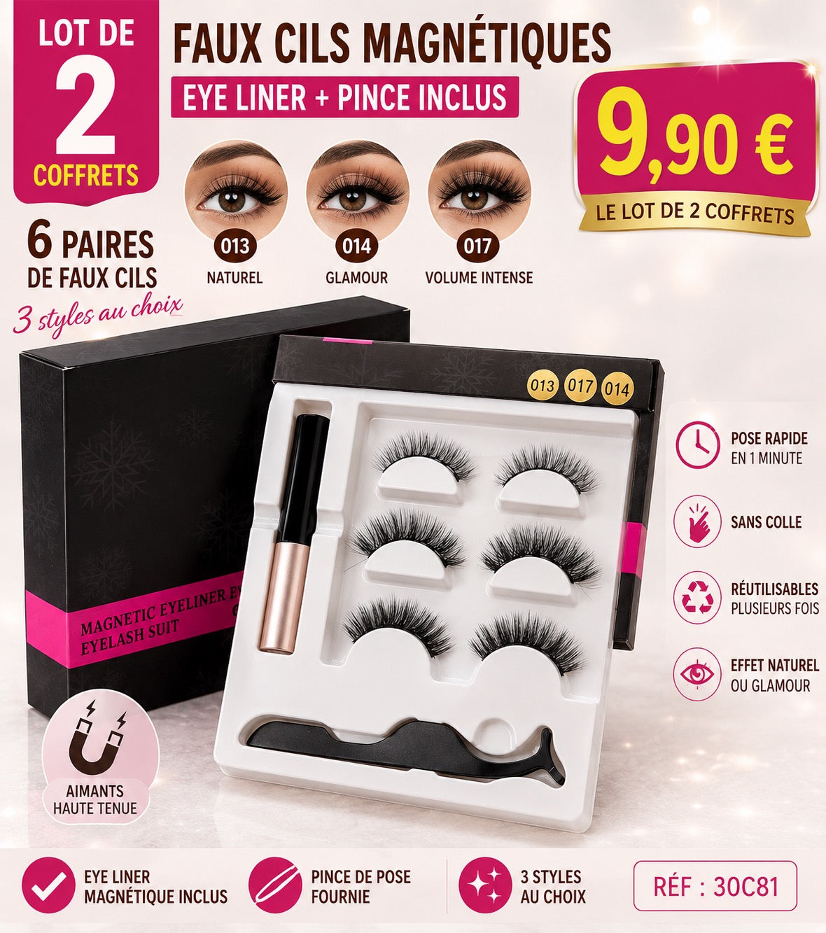 ✨ Lot de 2 coffrets de faux cils magnétiques avec eyeliner – 3 styles disponibles