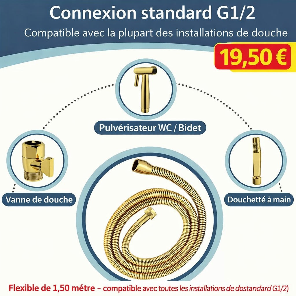Douchette OR Haute Pression – 3 Modes + Flexible Doré 1,50 m