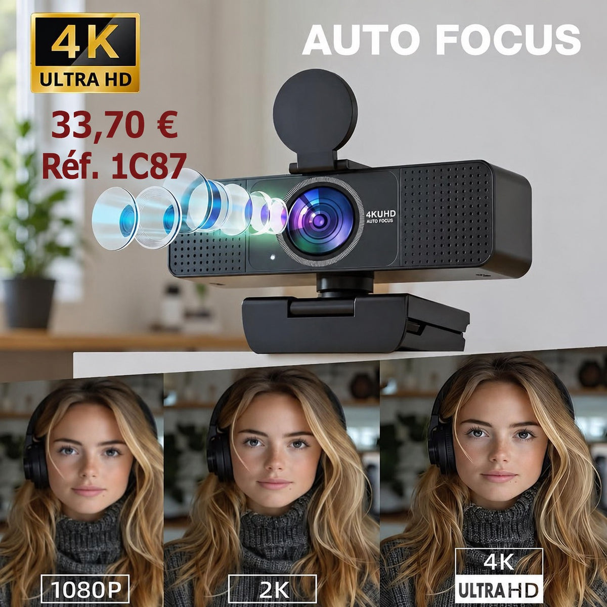 WEBCAM 4K ULTRA HD – AUTOFOCUS – MICRO INTÉGRÉ – CACHE CONFIDENTIALITÉ