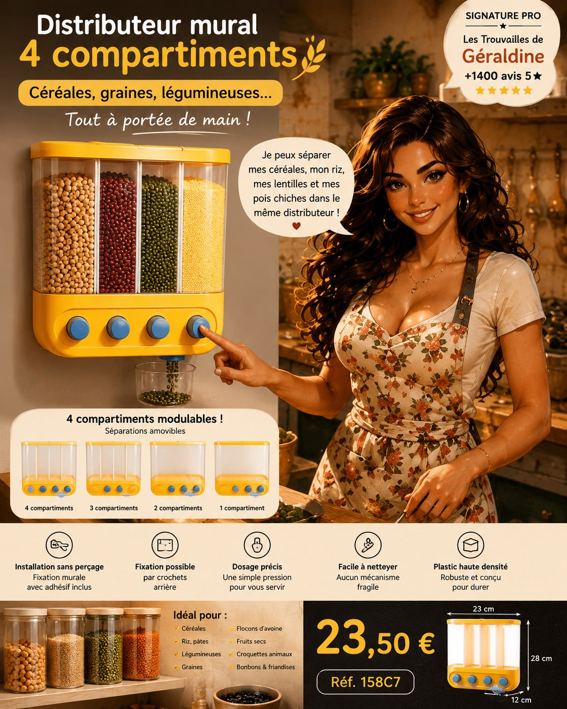 Distributeur mural de céréales et graines 4 compartiments modulables – 23 x 12 x 28 cm