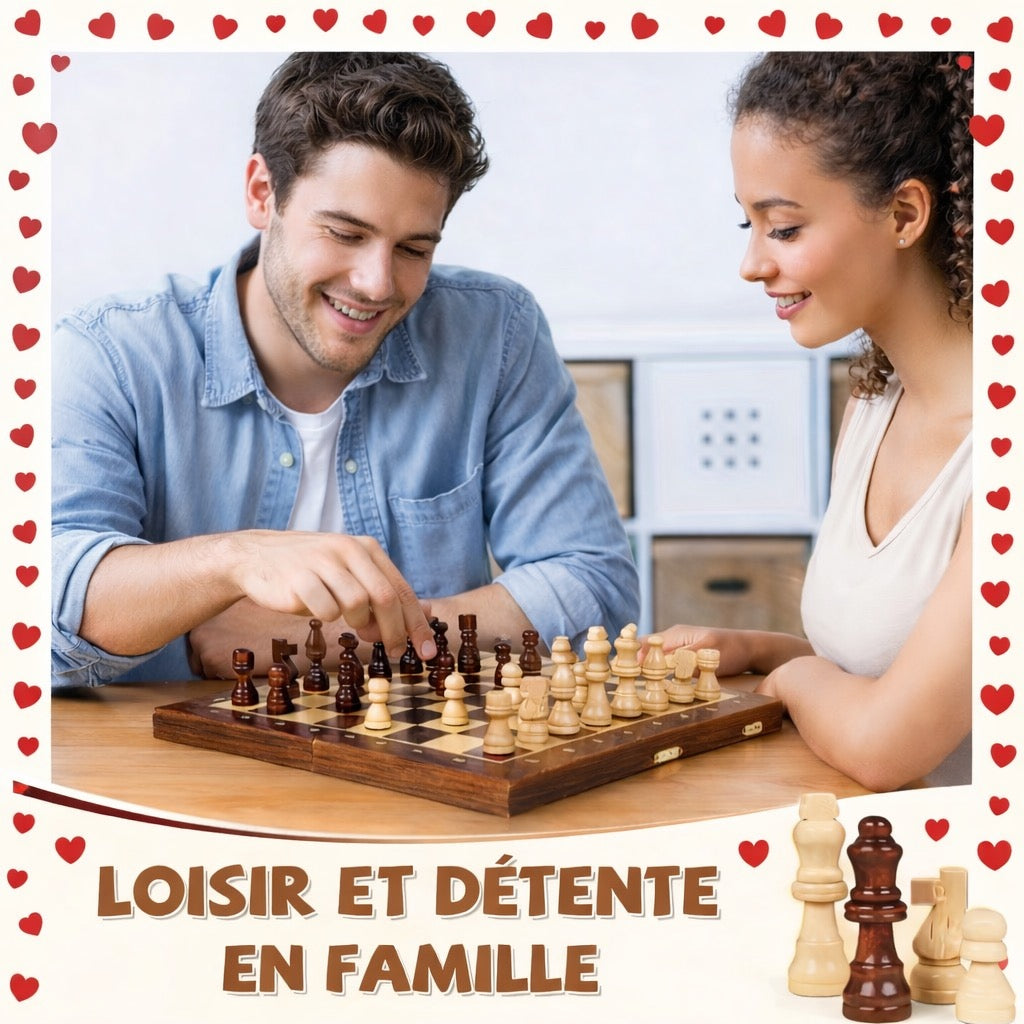 Jeu d'échecs en bois massif premium - Échiquier noyer 40cm