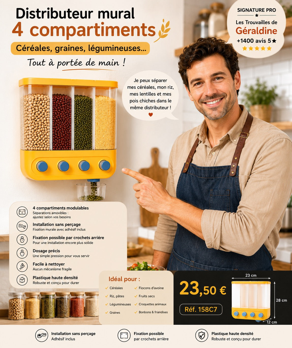 Distributeur mural de céréales et graines 4 compartiments modulables – 23 x 12 x 28 cm