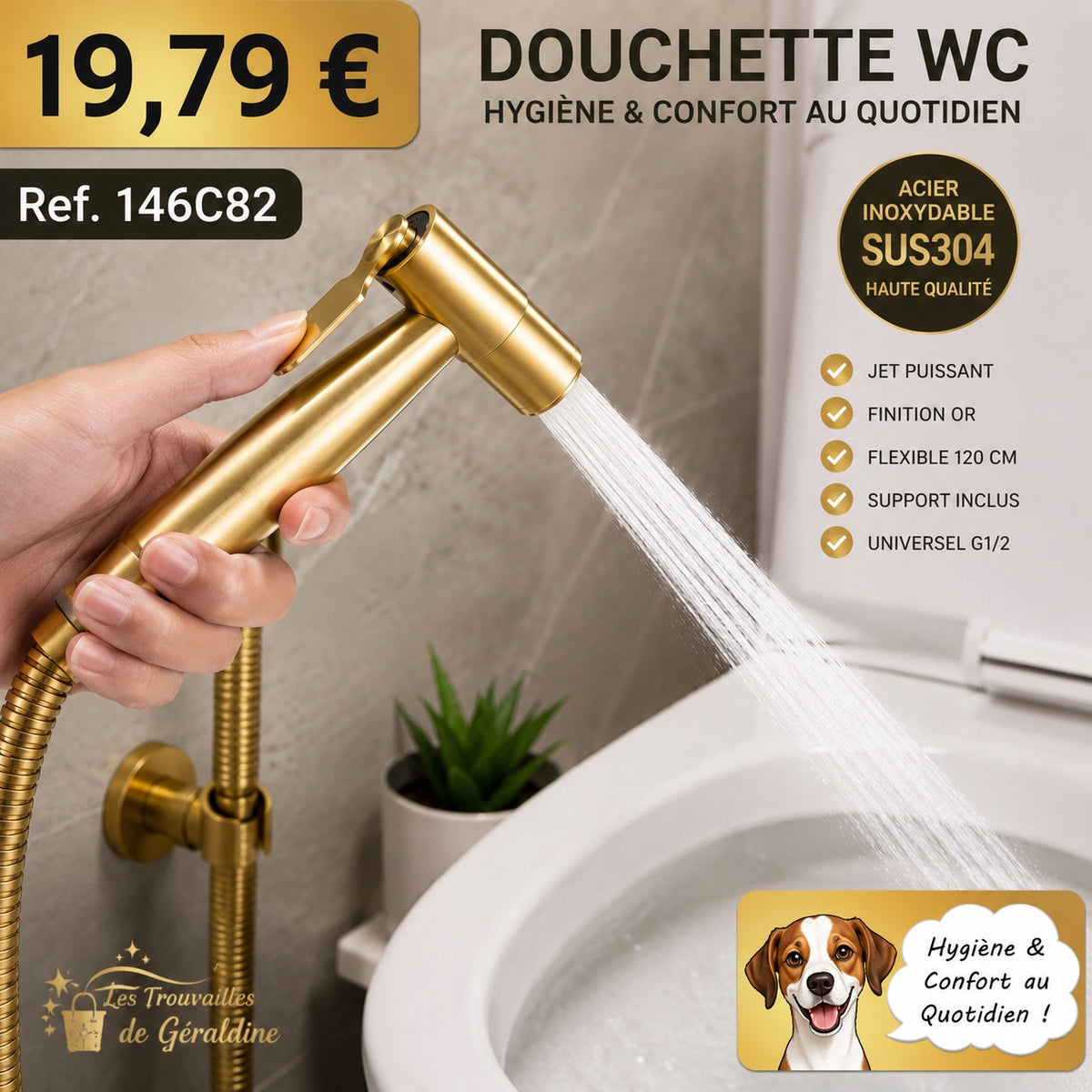 🚿 DOUCHETTE WC HYGIÈNE PREMIUM OR SATINÉ – ACIER INOXYDABLE SUS304