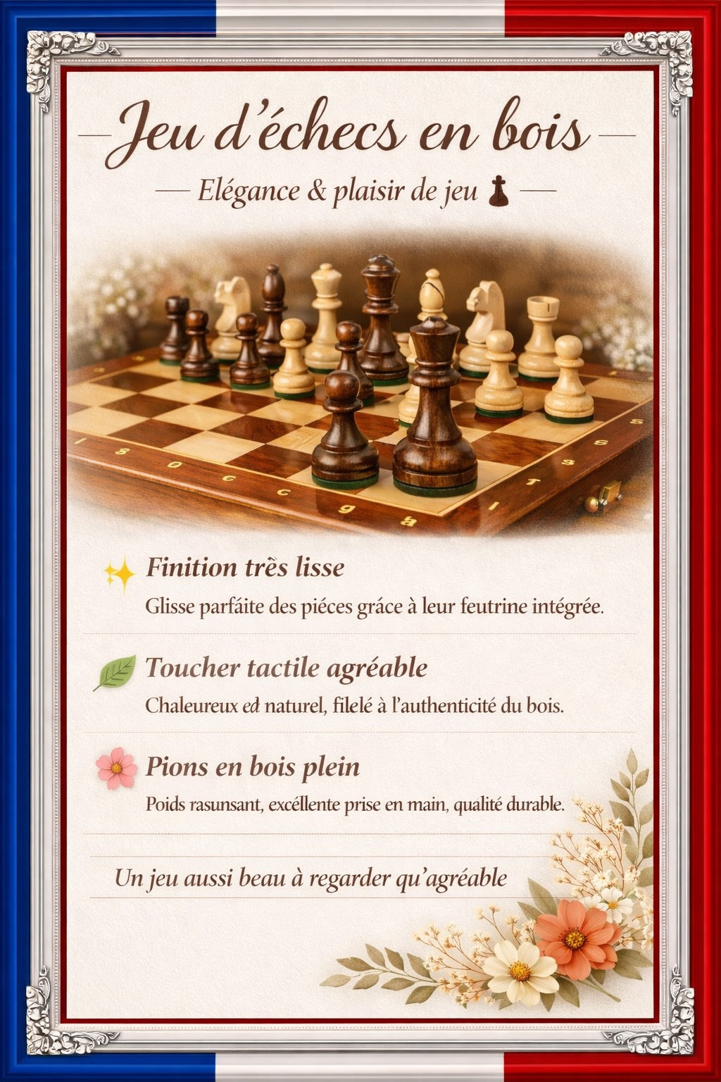 Jeu d'échecs en bois massif premium - Échiquier noyer 40cm