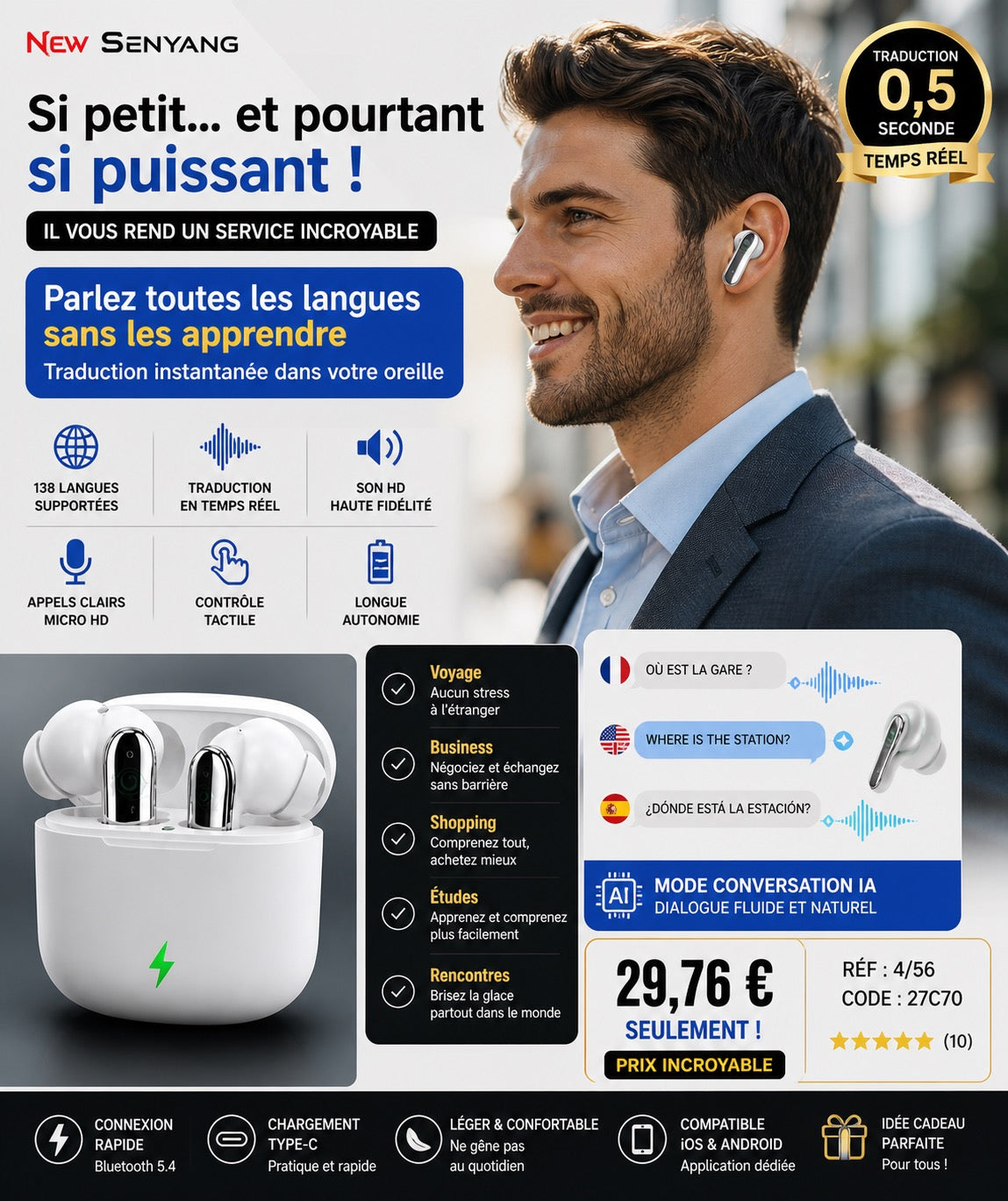 ÉCOUTEURS TRADUCTEURS IA – PARLEZ TOUTES LES LANGUES EN TEMPS RÉEL 🔥