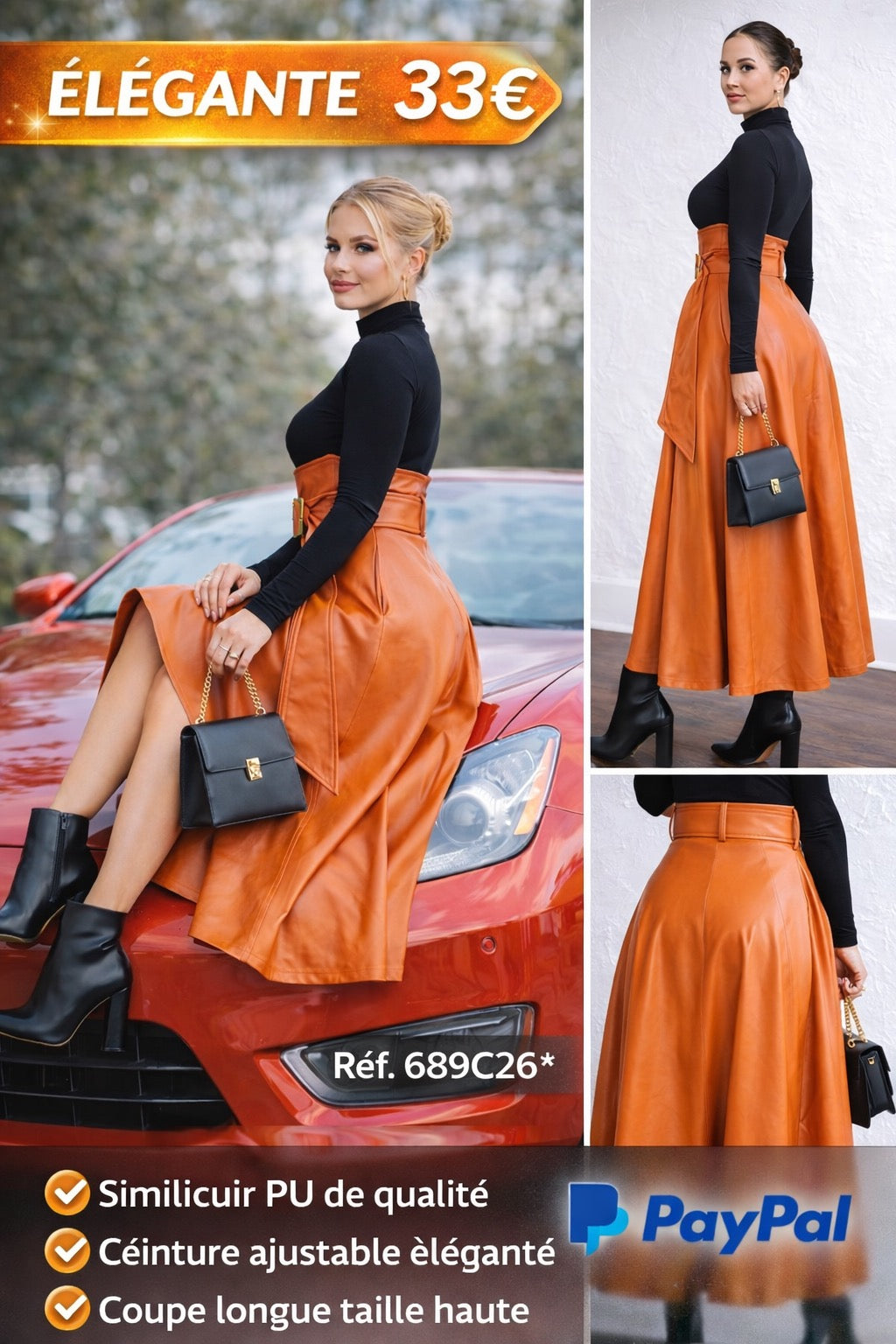 JUPE LONGUE SIMILICUIR  TAILLE HAUTE; ORANGE CHIC ✨