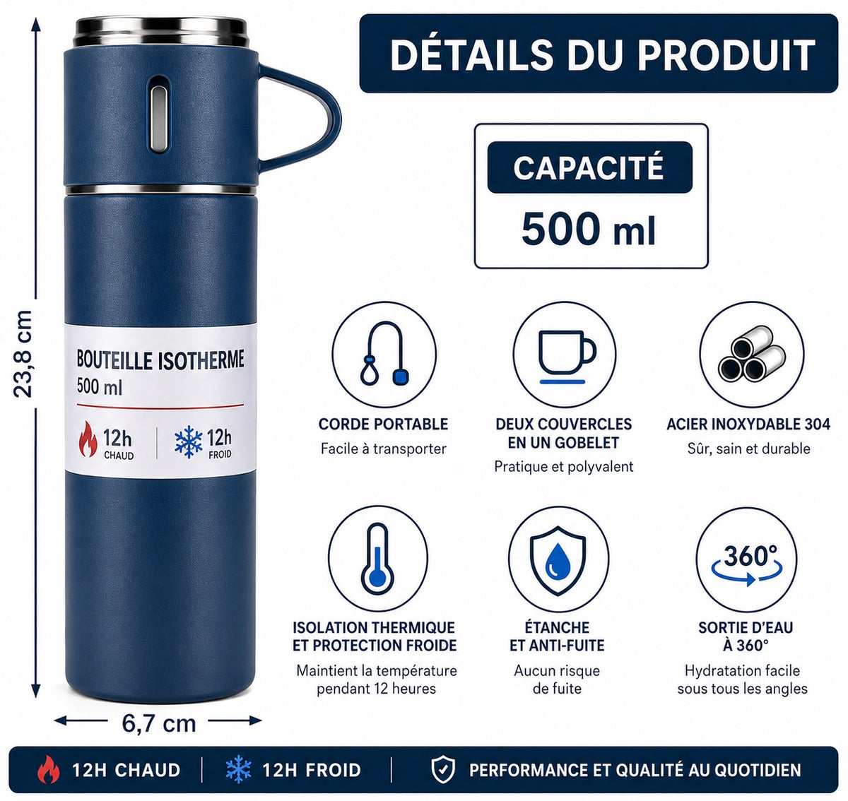 ☕ BOUTEILLE ISOTHERME PREMIUM 500 ML AVEC TASSE INTÉGRÉE