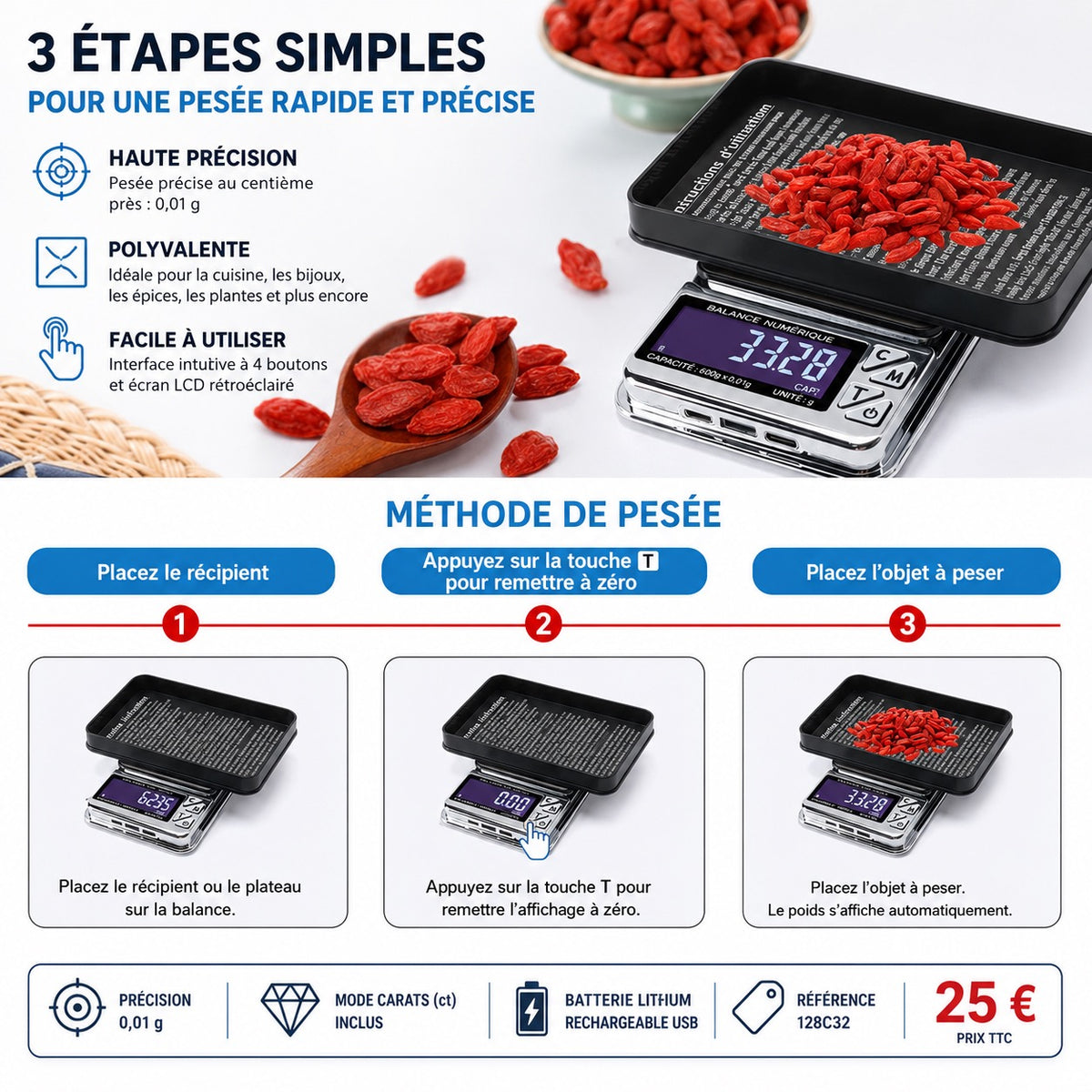 ⚖️ Balance Numérique de Précision Rechargeable USB – 1000 g / 0,01 g