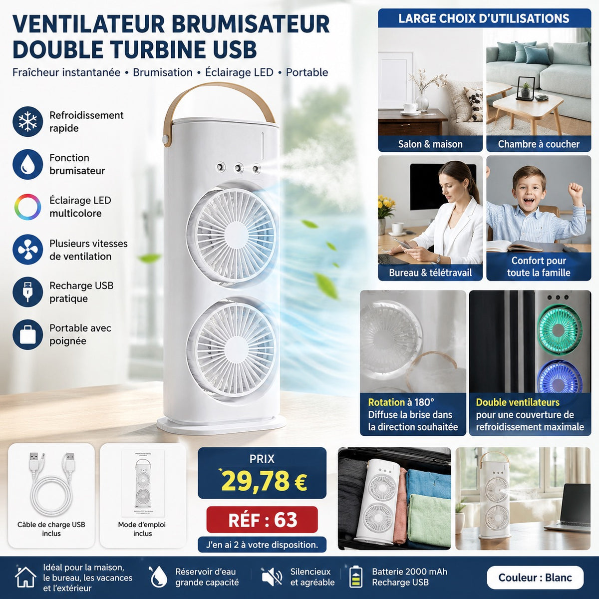 VENTILATEUR BRUMISATEUR DOUBLE TURBINE USB