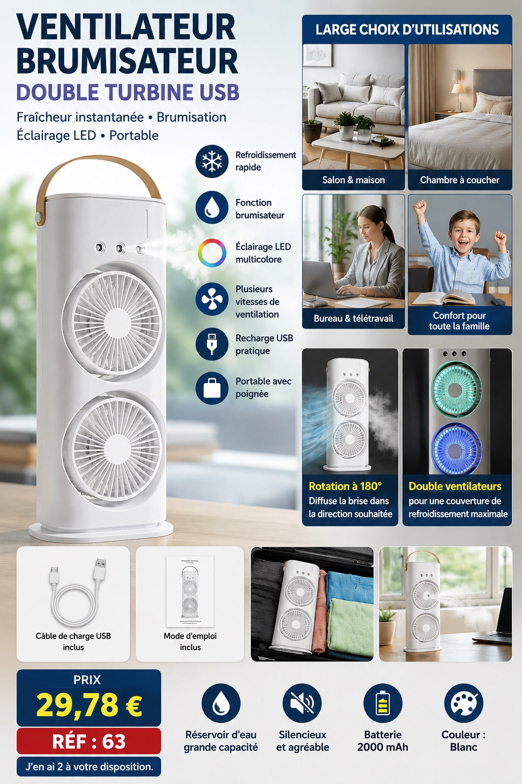 VENTILATEUR BRUMISATEUR DOUBLE TURBINE USB