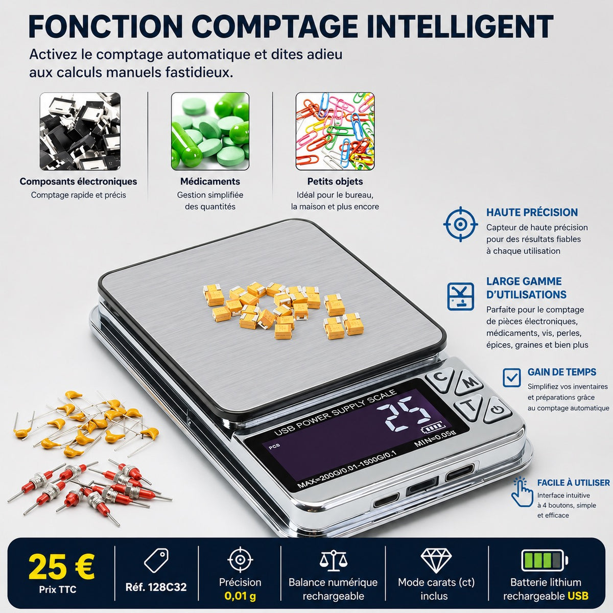 ⚖️ Balance Numérique de Précision Rechargeable USB – 1000 g / 0,01 g