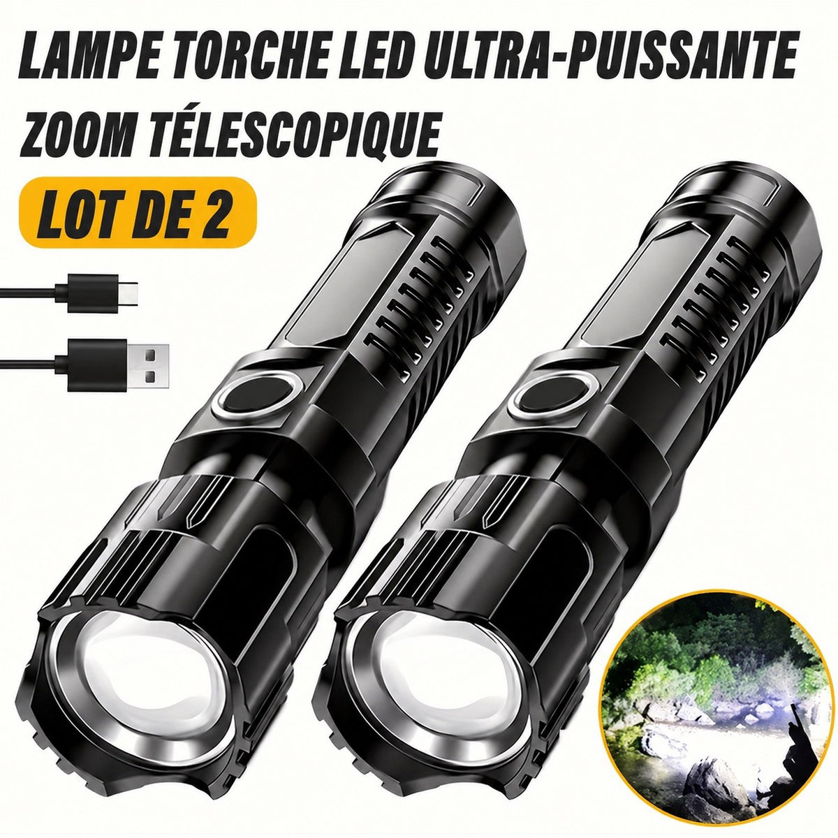 💡 Lot de 2 lampes torches LED haute puissance rechargeables USB