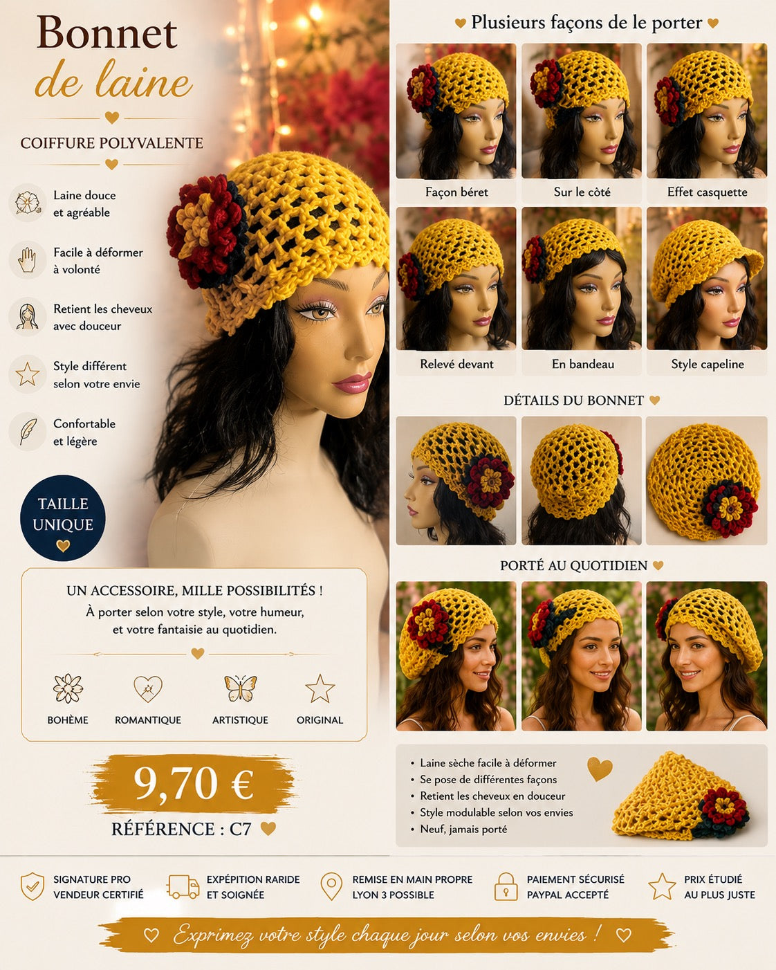 🌼 BONNET DE LAINE ARTISANAL JAUNE SAFRAN À FLEUR DÉCORATIVE 🌼