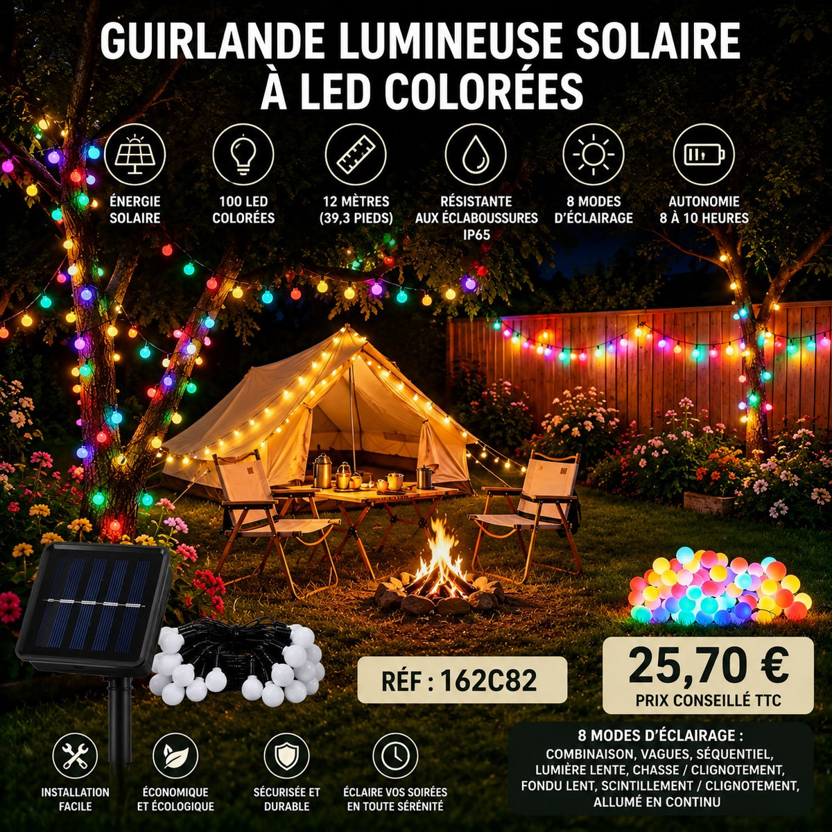 🌈 Guirlande lumineuse solaire à grosses boules LED – 12 mètres – 100 LED multicolores