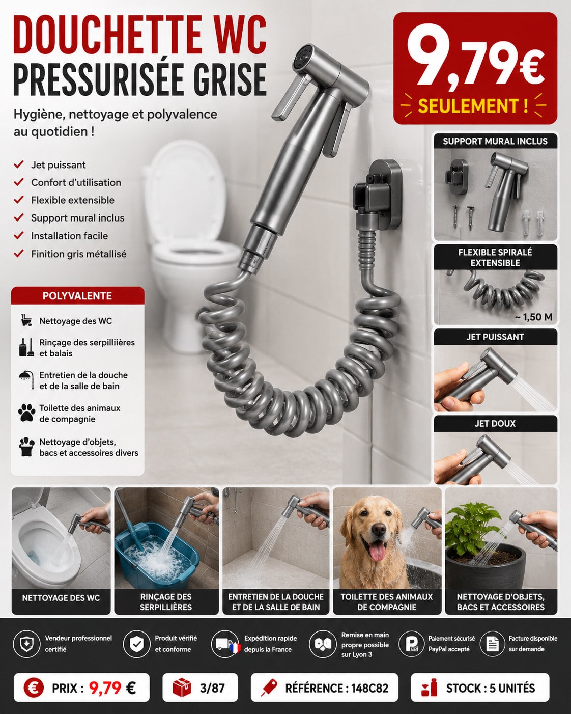 🚿 Douchette WC Pressurisée Grise – Hygiène, Nettoyage et Polyvalence !