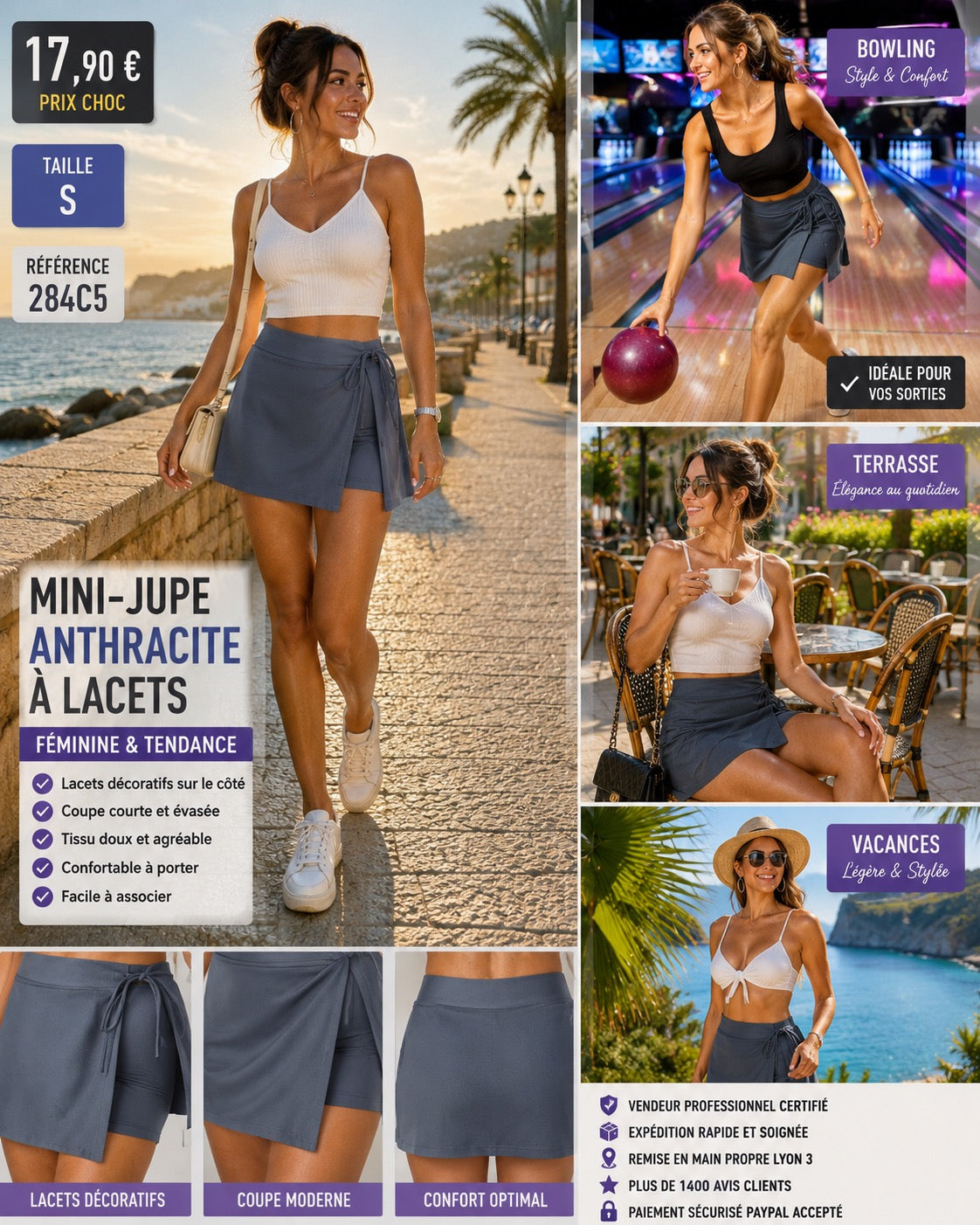 💙 MINI JUPE ANTHRACITE À LACETS – TAILLE S 💙