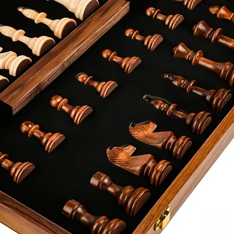 Jeu d'échecs en bois massif premium - Échiquier noyer 40cm