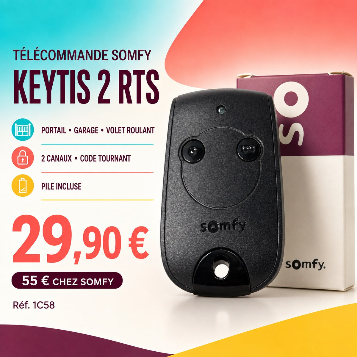 Télécommande Somfy Keytis 2 RTS – Portail, garage et volet roulant – 2 canaux