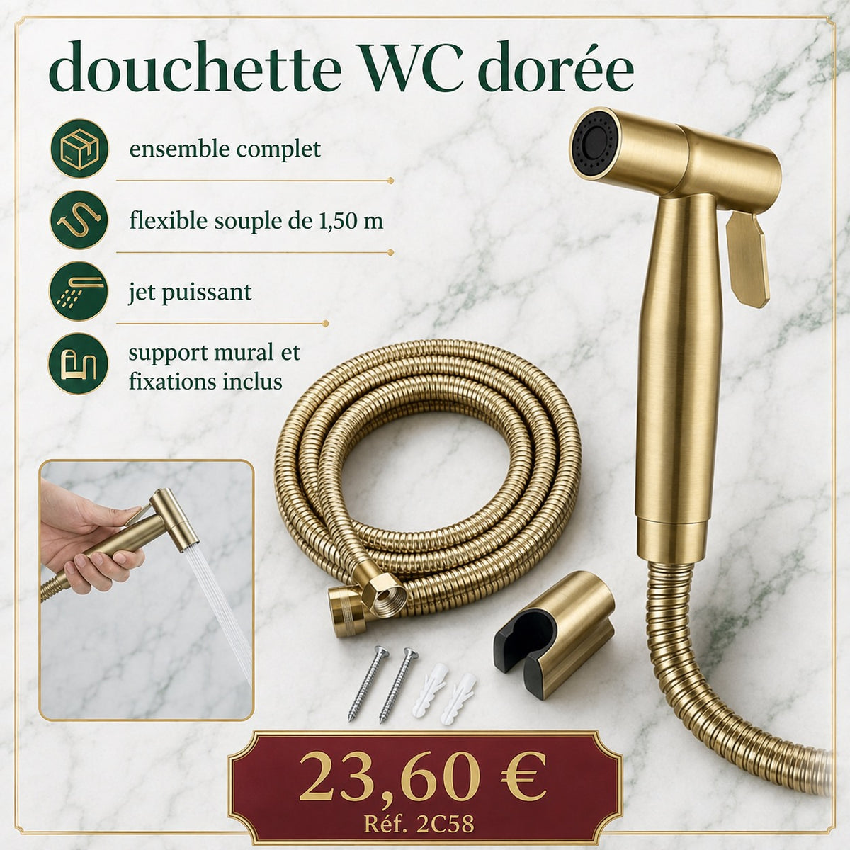 Douchette WC en laiton patiné doré – Flexible 1,50 m