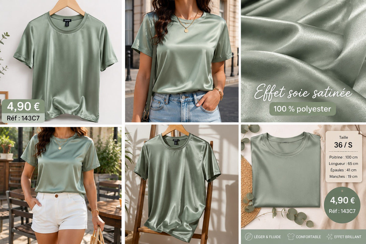 🌿 T-SHIRT SATINÉ VERT SAUGE – ÉLÉGANCE &amp; DOUCEUR 🌿