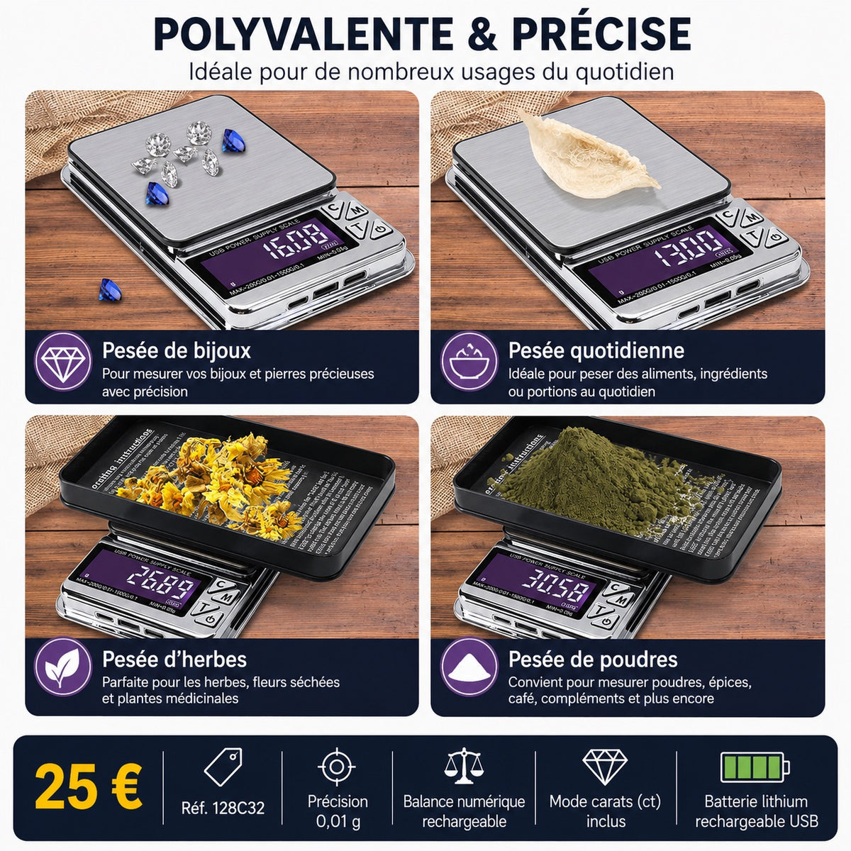 ⚖️ Balance Numérique de Précision Rechargeable USB – 1000 g / 0,01 g