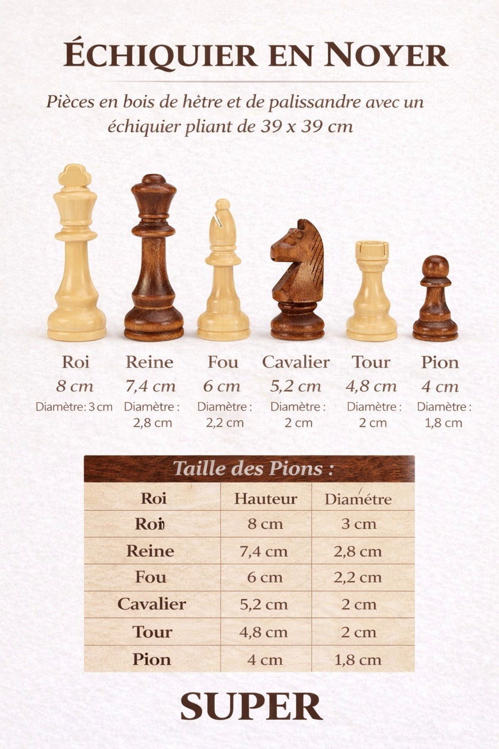 Jeu d'échecs en bois massif premium - Échiquier noyer 40cm
