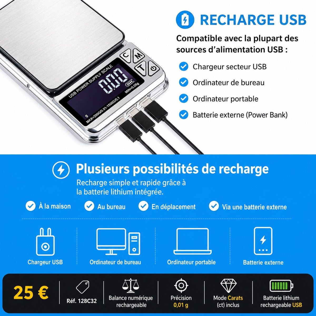 ⚖️ Balance Numérique de Précision Rechargeable USB – 1000 g / 0,01 g