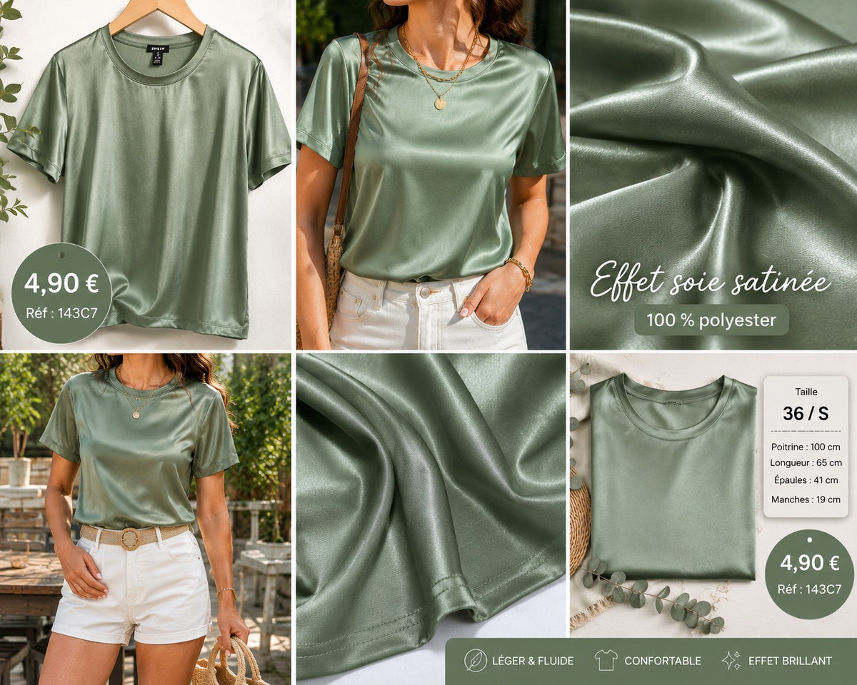 🌿 T-SHIRT SATINÉ VERT SAUGE – ÉLÉGANCE &amp; DOUCEUR 🌿