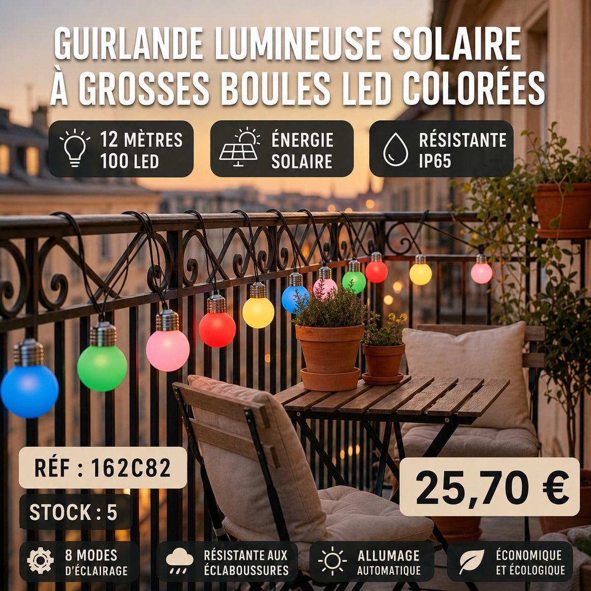 🌈 Guirlande lumineuse solaire à grosses boules LED – 12 mètres – 100 LED multicolores