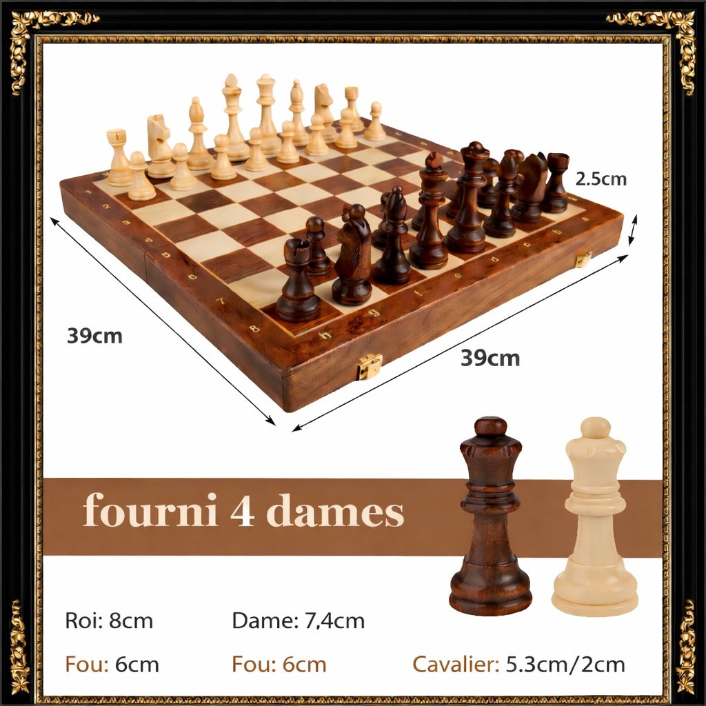 Jeu d'échecs en bois massif premium - Échiquier noyer 40cm