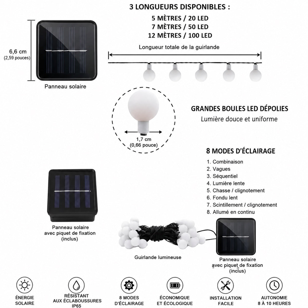 🌈 Guirlande lumineuse solaire à grosses boules LED – 12 mètres – 100 LED multicolores