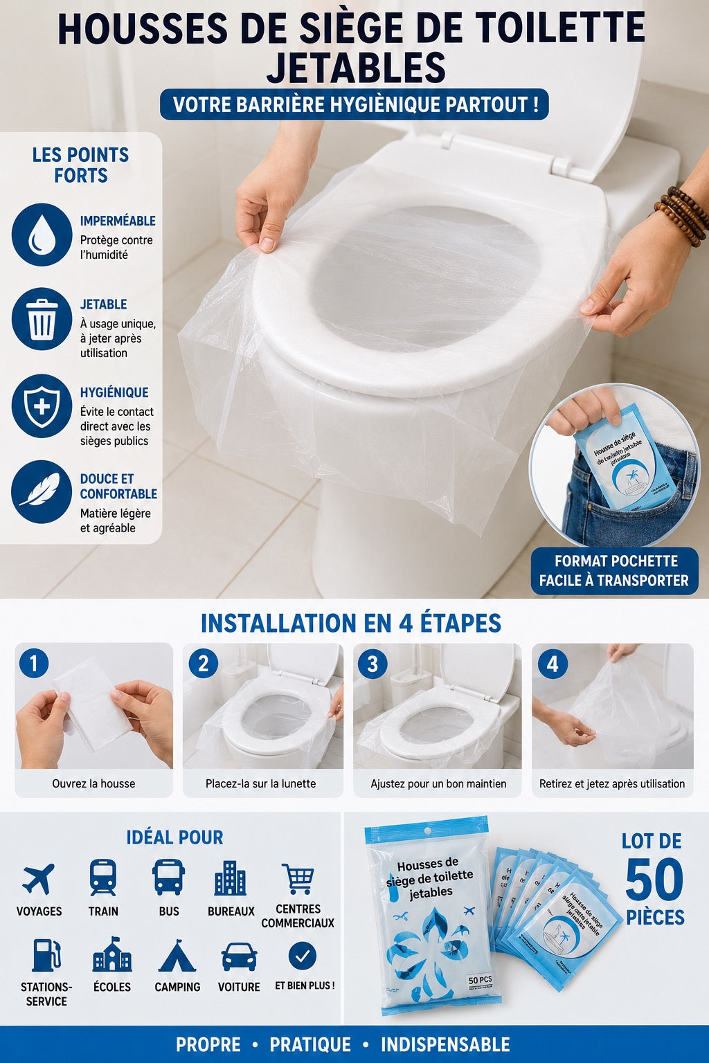 🚻 Housses de siège de toilette jetables – Lot de 50 protections individuelles imperméables