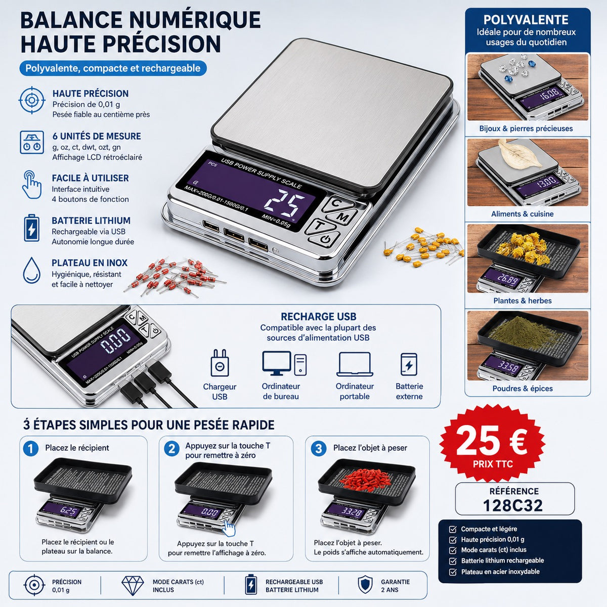 ⚖️ Balance Numérique de Précision Rechargeable USB – 1000 g / 0,01 g