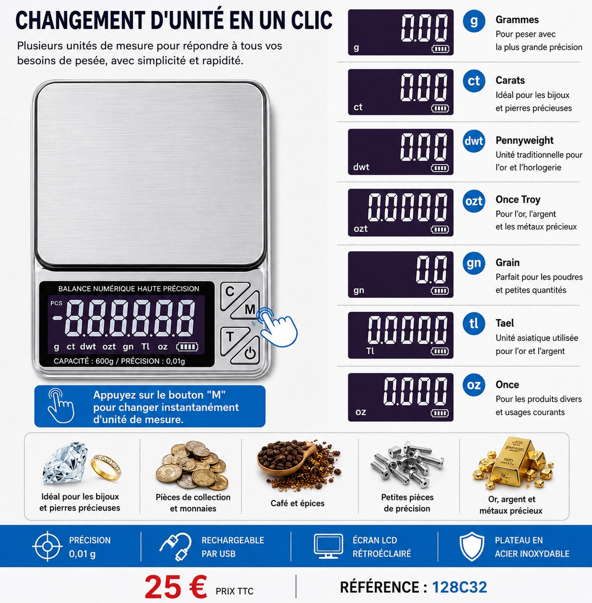 ⚖️ Balance Numérique de Précision Rechargeable USB – 1000 g / 0,01 g