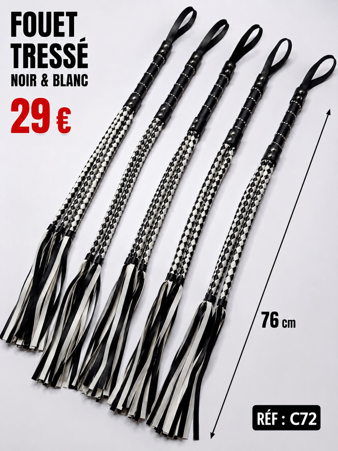 FOUET TRESSÉ NOIR & BLANC – GRAND MODÈLE 76 CM ✨