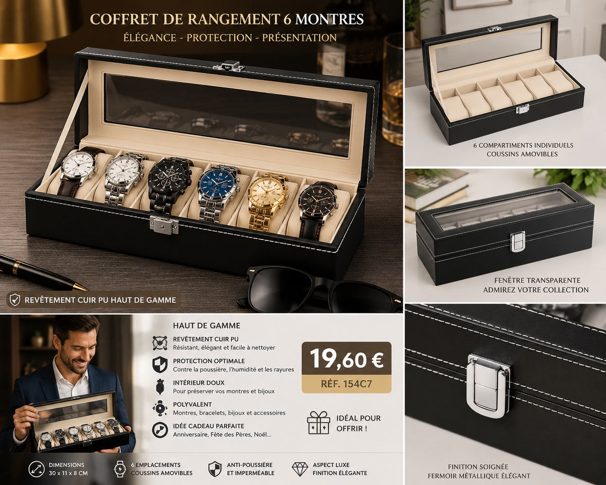 ⌚ COFFRET DE RANGEMENT 6 MONTRES – NOIR ÉLÉGANT