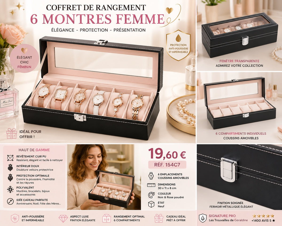 ⌚ COFFRET DE RANGEMENT 6 MONTRES – NOIR ÉLÉGANT