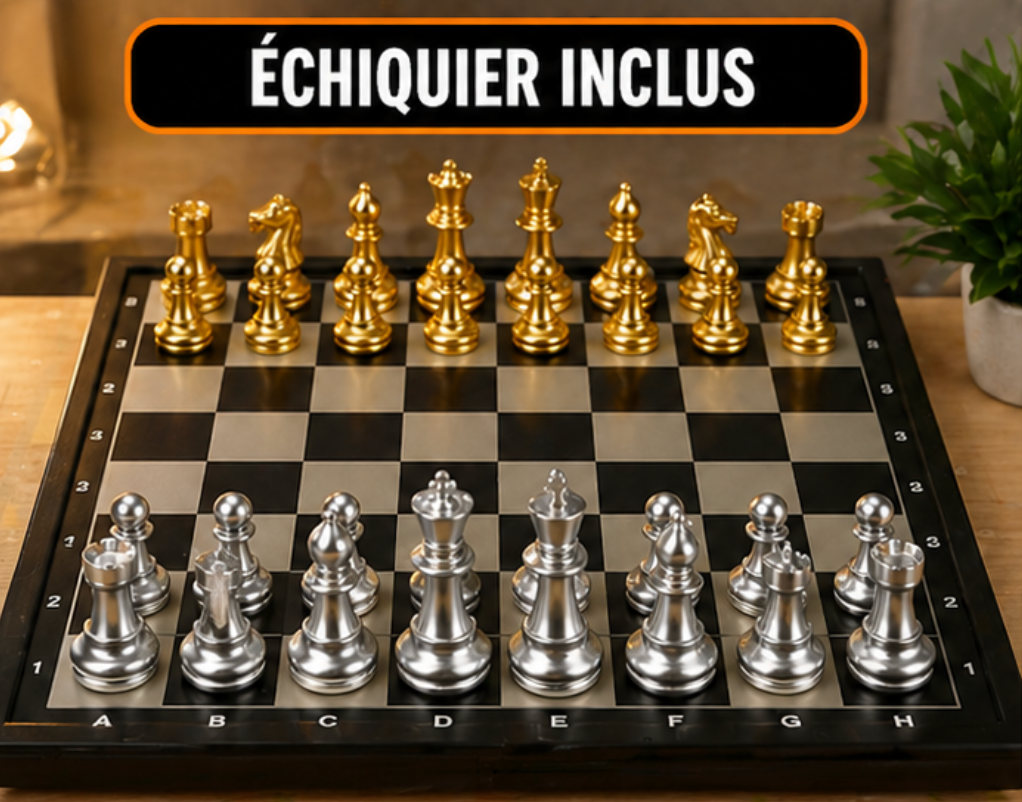 SET ÉCHECS LUXE OR ARGENT + TAPIS EN TISSU