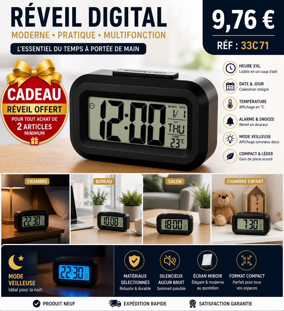 RÉVEIL DIGITAL LED –  MULTIFONCTION