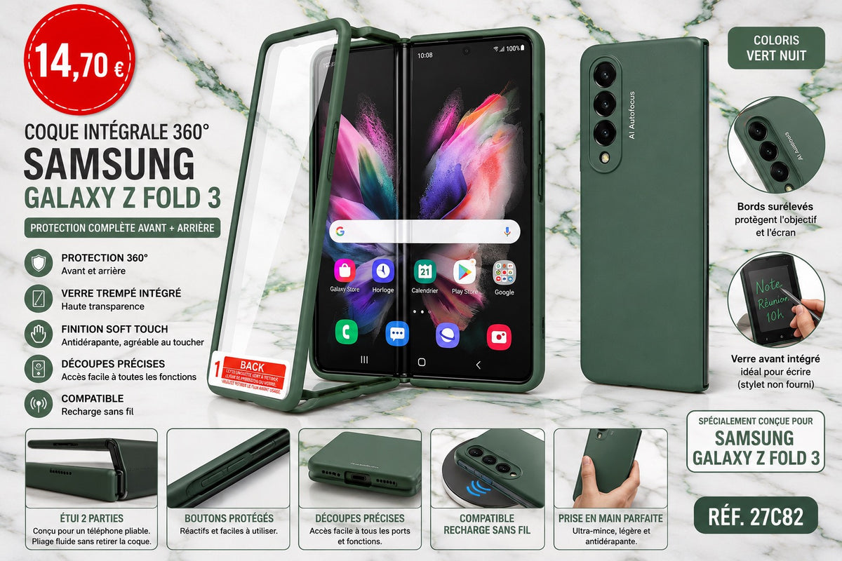 📱 Coque intégrale 360° Samsung Galaxy Z Fold 3 – Verre trempé intégré – Vert nuit