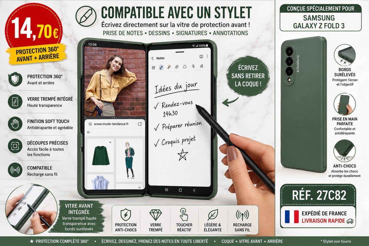 📱 Coque intégrale 360° Samsung Galaxy Z Fold 3 – Verre trempé intégré – Vert nuit
