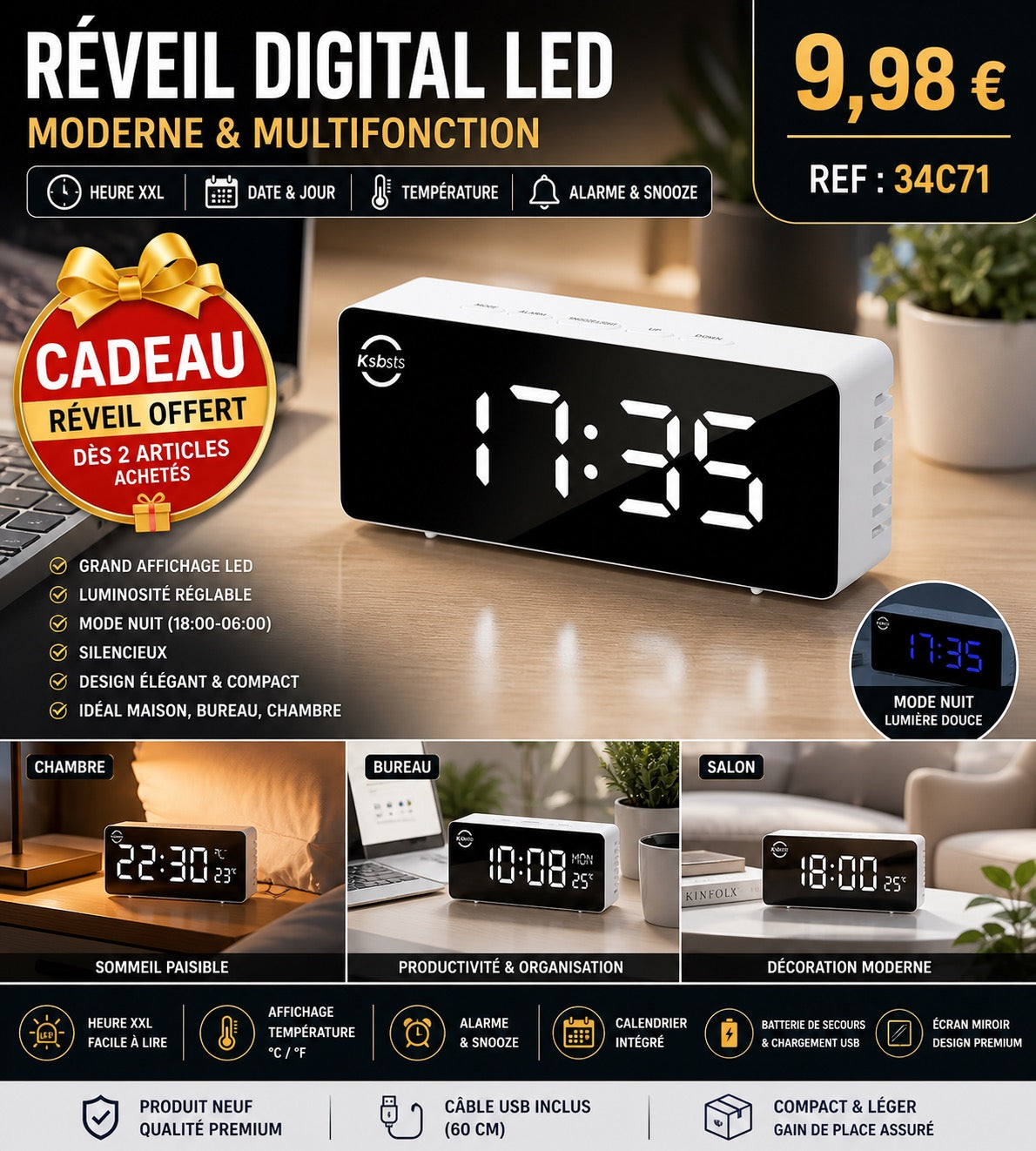 RÉVEIL LED NUMÉRIQUE DESIGN – AFFICHAGE MIROIR