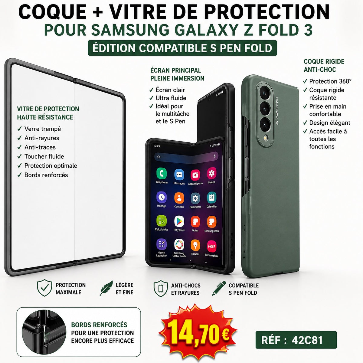 📱 Coque intégrale 360° Samsung Galaxy Z Fold 3 – Verre trempé intégré – Vert nuit