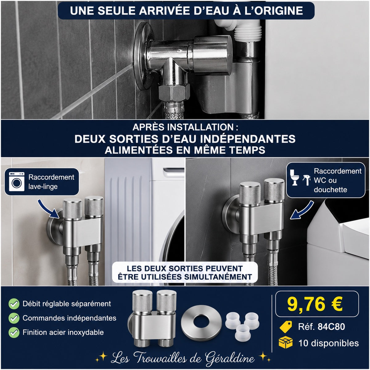 🚿 VANNE DE DÉRIVATION DOUBLE SORTIE EN ACIER INOXYDABLE